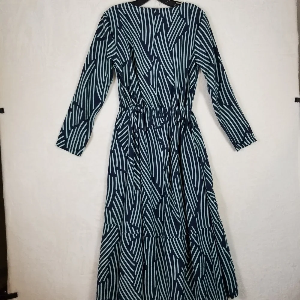 ELK Women Navy Mint‎ Stripe Drawstring Waist Midi Dress Viscose Linen Blend US 4